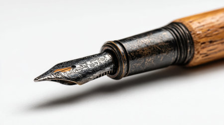A beautifully crafted fountain pen showcases its detailed nib upon a smooth bright background.の素材