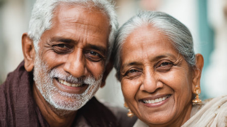 An elderly couple smiles warmly at the camera in a vibrant outdoor location. The sun shines brightly, highlighting their joyful expressions and deep bond.の素材
