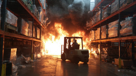 A large fire breaks out in a warehouse while a forklift operator swiftly drives away from the flames. Smoke and flames rise amid tall shelves filled with goods.の素材