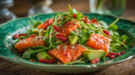 A vibrant salad features fresh salmon slices, mixed greens, avocado, and goji berries, all artistically arranged on a beautiful decorative plate. Ideal for a nutritious lunch or dinner.の素材