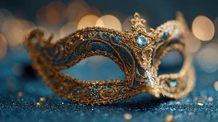 Delicate masquerade mask featuring intricate gold patterns and blue accents sits gracefully on a sparkling surface, illuminated by soft ambient light. The scene evokes a sense of mystery and elegance.の素材