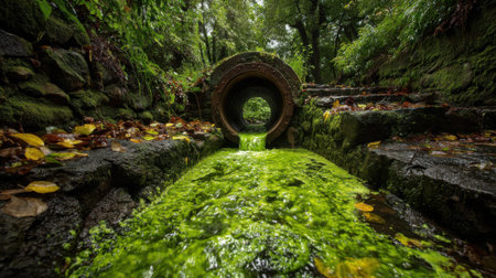 A drain pipe releases thick green algae into a narrow stream surrounded by vibrant autumn leaves and dense foliage, showing nature's resilience and beauty.の素材