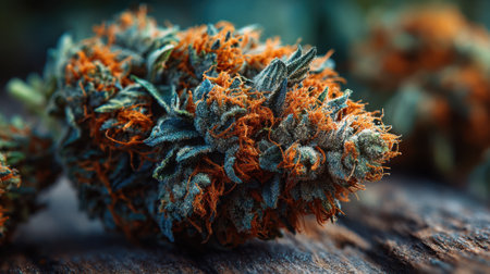 This close-up captures the intricate details of a cannabis flower, highlighting its striking colors and textures against a rustic wooden surface, evoking a sense of nature.の素材