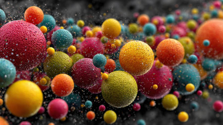A multitude of colorful spheres in various sizes appears to float in mid-air against a dark backdrop. The composition evokes a sense of movement and creativity, captivating the viewer.の素材