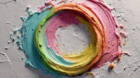 Vivid circular swirls of paint in blue, green, yellow, and pink create an eye-catching pattern on a textured surface, showcasing the beauty of artistic expression during a creative endeavor.の素材