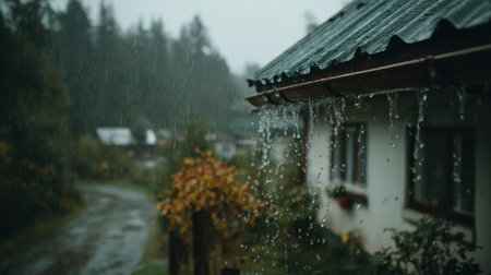 Steady rain cascades from the roof of a quaint house in a secluded forest village. The landscape is lush and damp, with faint outlines of distant homes in the misty background.の素材