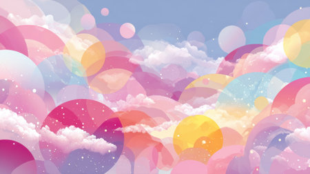 Vibrant, abstract shapes blend with soft clouds in a blue sky, creating a whimsical and dreamy atmosphere perfect for inspiring creativity and wonder.の素材