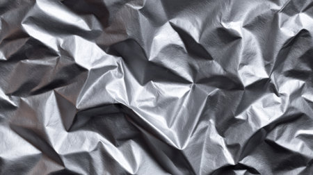 The surface displays a crumpled metallic foil with various folds and creases, reflecting light and creating a dynamic, textured appearance. The shiny surface draws attention with its unique pattern.の素材