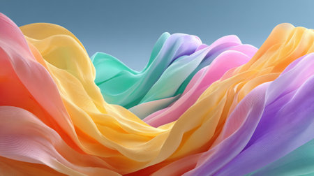 Vibrant layers of translucent fabric in shades of pastel swirl together, creating a dynamic and gentle movement that suggests fluidity and softness in an artistic design.の素材