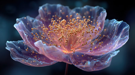 A beautifully detailed flower with translucent petals emits a soft glow in shades of pink and purple. Delicate stamens are highlighted, enhancing the enchanting atmosphere.の素材