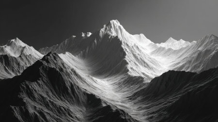 Majestic mountain range features steep slopes and intricate textures, illuminated by gentle light, creating a striking contrast in this stunning natural setting.の素材