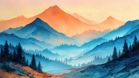 Layers of mountains rise into the sky at sunrise, painted in soft pastel colors. Pine trees fill the foreground, creating a serene and tranquil atmosphere in nature.の素材