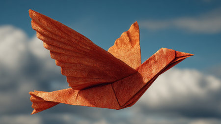 A vibrant origami bird soars gracefully through a clear sky featuring fluffy white clouds. The intricate folds of its wings capture the light beautifully, showing its craftsmanship.の素材