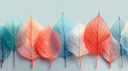 Translucent leaves in shades of blue, pink, and white are neatly lined up against a light background, showing their delicate structures and colors. The arrangement highlights the beauty of nature.の素材