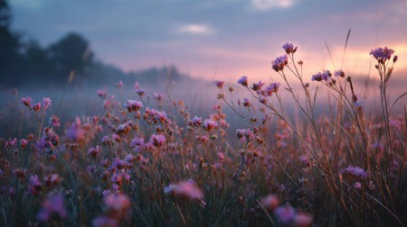 A field of colorful wildflowers stretches under a dusky sky as the sun sets. Soft fog rolls in, creating a serene atmosphere, while pink and purple blooms stand out in the warm light.の素材