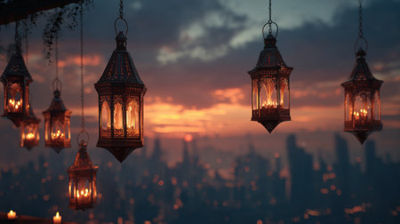 Hanging lanterns cast a warm glow against the backdrop of a vibrant sunset over the city skyline, creating a serene and enchanting atmosphere as night falls.の素材