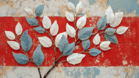 A decorative mural displays blue and white leaves intertwined on a faded red wall, showing artistic expression in a charming urban setting. The contrasting colors enhance the visual appeal.の素材