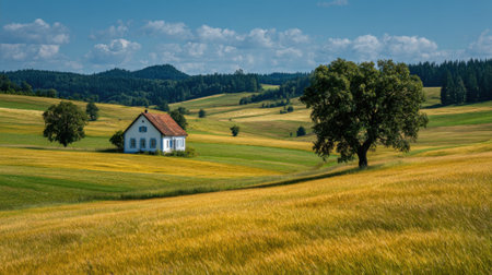 A vibrant countryside scene showcases a quaint house nestled in golden fields. The lush landscape is complemented by rolling hills and a majestic tree under a bright blue sky.の素材