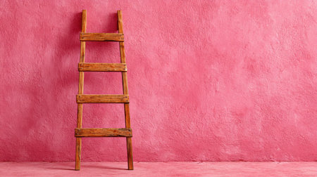 A wooden ladder leans against a bright pink wall in a spacious area during daylight. The contrast of natural wood against the colorful backdrop creates a striking visual appeal.の素材