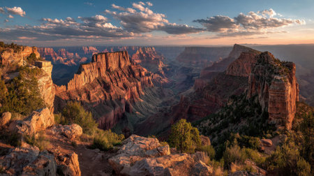 Expansive view of the Grand Canyon at sunset, showing vibrant red and orange rock formations. Wispy clouds float in a colorful sky, illuminating the valley below.の素材