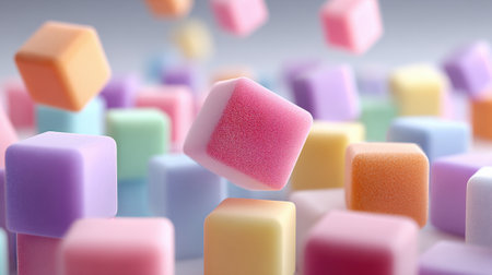 Pastel colored cubes in various shades hover in the air above a soft surface, creating a playful and imaginative atmosphere that evokes a sense of whimsy and creativity.の素材