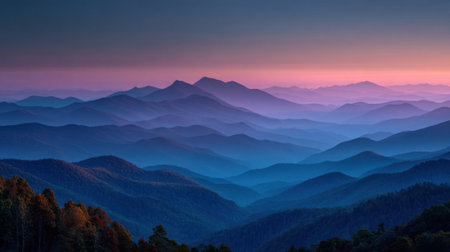 Layers of hills and mountains stretch into the distance, covered in a soft mist. The sky transitions from vibrant orange to deep blue as dusk settles over this tranquil natural setting.の素材