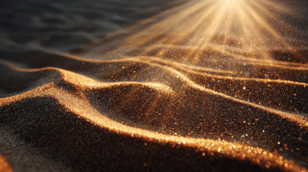 Soft waves of sand reflect warm rays of sunlight, creating a tranquil scene on the beach as dusk approaches, inviting quiet contemplation and peace.の素材