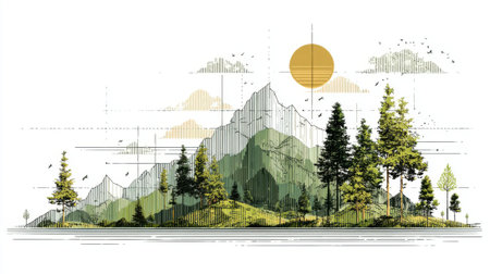 A tranquil mountain landscape showcases towering trees in various shades of green. A bright sun shines above, surrounded by soft clouds, creating a serene atmosphere in nature.の素材