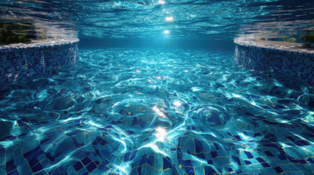 Sunlight dances on the surface of a serene swimming pool, illuminating the sparkling blue water and intricate mosaic tile patterns below. The scene evokes relaxation and tranquility.の素材