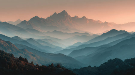Layers of misty mountains bask in warm hues as the sun rises, creating a tranquil atmosphere. The peaceful setting invites exploration and reflection amid natures beauty.の素材
