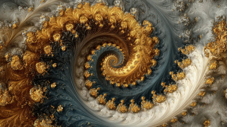 An elaborate design showcases swirling patterns in gold, gray, and cream tones. This abstract art evokes a sense of movement and depth, captivating the viewers imagination.の素材