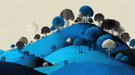 Rolling hills adorned with trees in blue hues create a tranquil landscape. A bright sun hangs in the sky, casting a peaceful atmosphere over the scene, inviting reflection and calmness.の素材