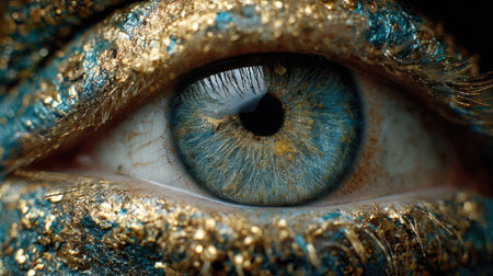 A striking close-up features a blue eye adorned with gold and blue glitter, highlighting the dramatic makeup that enhances its natural beauty and allure.の素材
