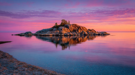 Vibrant colors fill the sky at dusk, casting reflections on the calm waters around a rocky island. Soft waves lap at the shore, creating a peaceful atmosphere.の素材