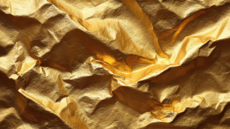The golden foil features a crumpled texture with vibrant reflective qualities. Light interacts with the metallic surface, creating various shades and reflections throughout.の素材