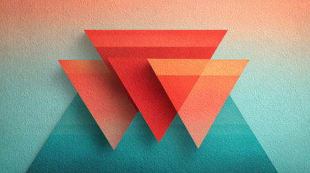 Vibrant geometric triangles in red and teal showcase an abstract design against a soft gradient background. This artwork plays with shapes and colors to attract attention.の素材