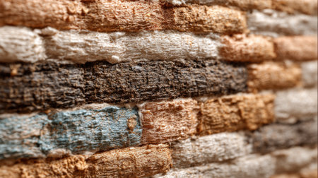 Close-up view of a textured wall featuring an array of colors and materials. The unique arrangement highlights the intricate details and patterns, creating a visually appealing surface.の素材