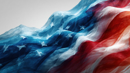 The American flag is artistically depicted with flowing fabric that ripples through shades of blue and red. The soft lighting enhances the waves and stars, symbolizing patriotism.の素材