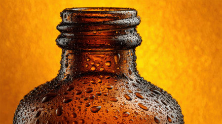 An amber glass bottle with water droplets covers its surface, highlighting textures against a warm orange background. The close-up captures the essence of refreshing drink moments.の素材