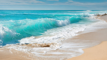Turquoise waves roll onto a sandy beach, creating foam along the shore. The sun shines brightly, illuminating the calm ocean and clear sky, inviting visitors to enjoy nature's beauty.の素材