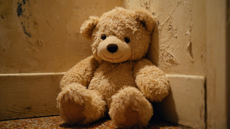 A soft toy bear rests against the wall in a dimly lit room. Its fur is worn, and it appears to be forgotten. The atmosphere feels nostalgic and a bit sad.の素材