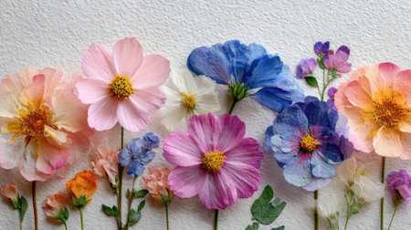 A collection of pressed flowers in diverse colors, including pink, blue, and white, arranged artistically on a textured white surface, highlighting natural beauty and craftsmanship.の素材