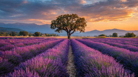 Vibrant lavender fields stretch across the landscape, illuminated by the warm colors of sunset. A solitary tree stands tall amid the blooming flowers, creating a tranquil setting.の素材