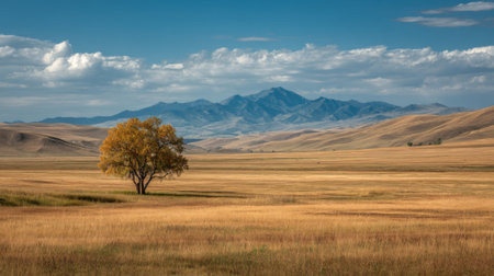An open field of golden grass features a lone tree in the foreground, with majestic mountains rising in the distance beneath a vibrant blue sky filled with clouds.の素材