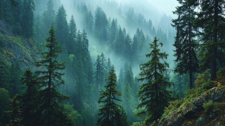 Lush evergreen trees rise majestically in a misty forest during early morning. Soft rays of sunlight create a serene atmosphere, enhancing the tranquil beauty of the scene.の素材