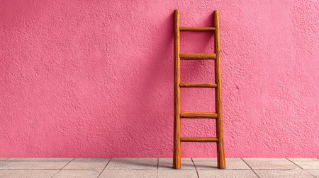 A rustic wooden ladder is leaning against a smooth pink wall in an indoor area, creating a striking visual contrast. The floor is composed of light tiles.の素材