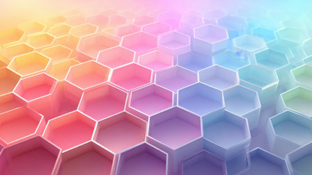 A vibrant arrangement of hexagonal shapes filled with soft pastel colors creates a visually captivating abstract pattern. The design displays gradient tones blending seamlessly.の素材