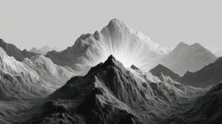 Rugged mountain peaks tower high into the sky, with soft light radiating from behind one prominent summit. The scene captures dramatic contrasts in a black and white landscape.の素材