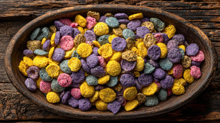Vibrant cereal pieces in various colors are artistically arranged in a wooden bowl. The rustic table background adds warmth, making it an inviting sight for breakfast or snacks.の素材