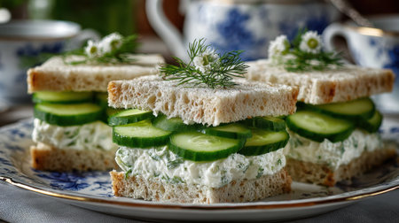 Delicate cucumber sandwiches are presented on a fine china plate adorned with fresh herbs. A vintage tea set can be seen in the background, adding to the elegant atmosphere.の素材